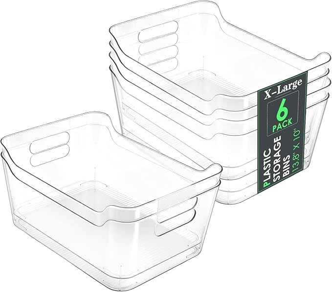 Clear Plastic Storage Bins Set of 6, Multi-Use organizers and storage Containers With Handles, Organizer Bins for Home & Kitchen, Cabinet and Pantry