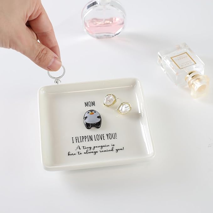 HOME SMILE Birtday Gifts for Mom from Daughter Son,Penguin Ring Dish Jewelry Tray-I Flipping Love Yo-Mother Gift for Christmas Mother Day Mama Mother in Law Bonus Mom