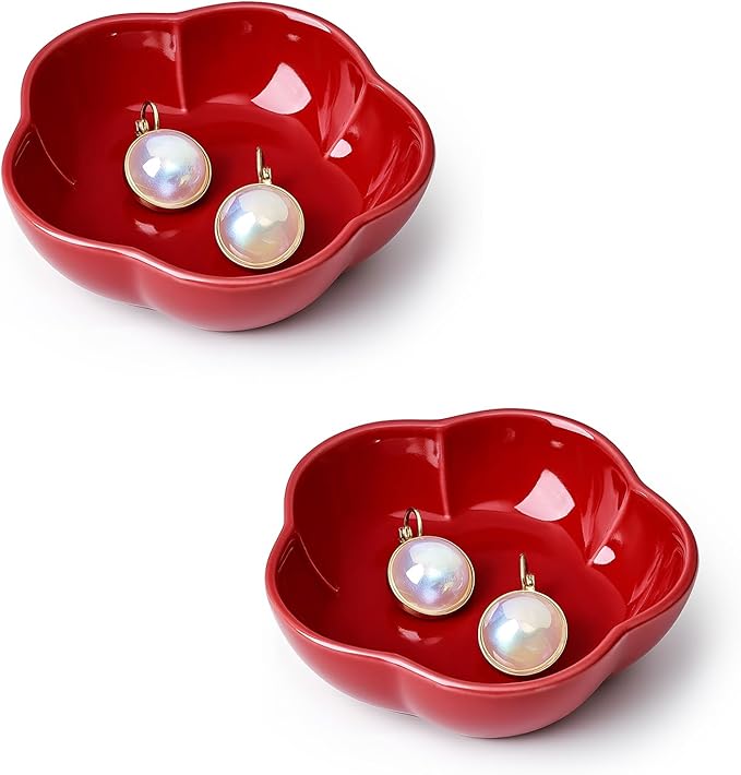 Koythin 2-Piece Small Trinket Dish, Ceramic Jewelry Ring Dish, Flower Key Holder Bowl for Women, Decorative Plate Tray for Dresser, Home Decor Organizer Trinket Tray (Five Petal Flower, Red)