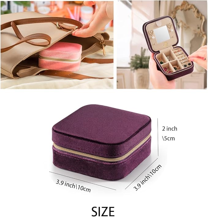 Plush Velvet Travel Jewelry Case, Travel Jewelry Organizer, Jewelry Travel Case, Travel Jewelry Box, Small Jewelry Case, Jewelry Travel Box, Earring Organizer with Mirror - Purple 4packs