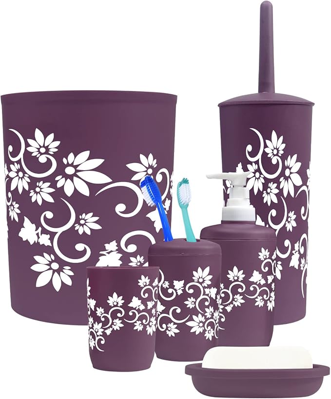 Blue Donuts Bathroom Accessories Set Complete, Toilet Brush and Holder, Trash Can, Toothbrush Holder, Purple, 6 Pieces