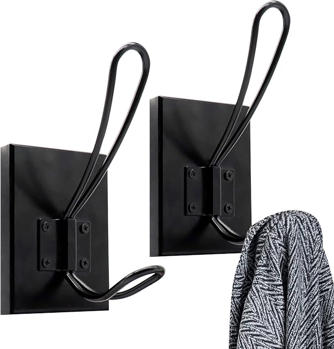 Coat Hooks Wall Mounted, 2 Pack Wood Wall Hooks for Hanging, Towel Hook for Bathroom, Bedroom, Entryway, Kitchen (Black)