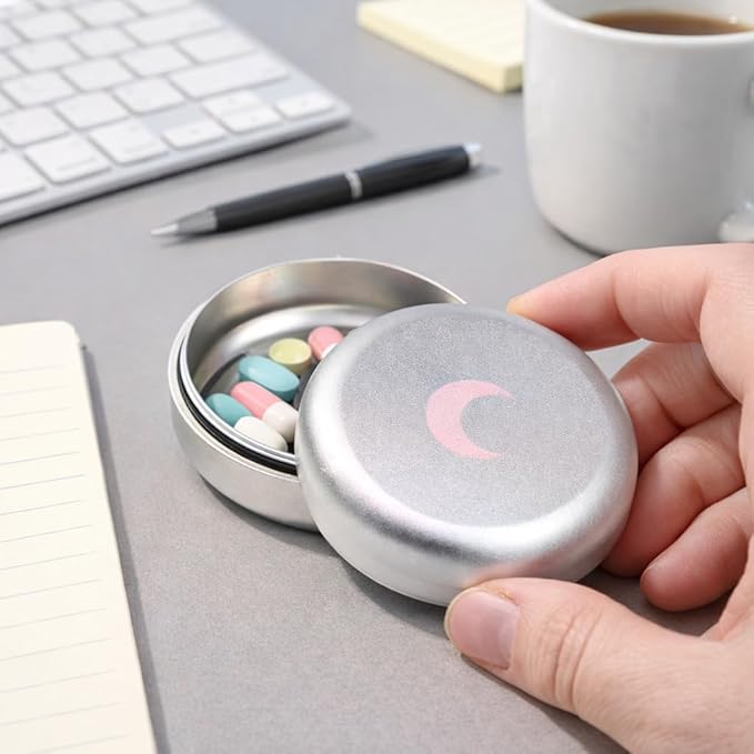 Brando Moon Small Metal Pill Container - 2.1 x 0.9” Pocket Size Portable Pill Box Case – Sturdy Storage Organizer for Coffee, Pills and other Small Components while Traveling