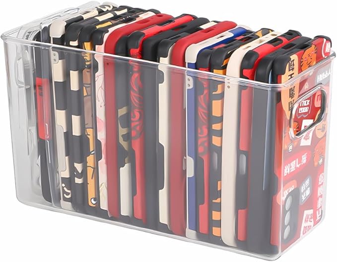 Plastic Clear Phone Case Organizer, Storage Holder Box with Handle Multifunctional Phone Case Storage, Electronics Organizer for Desk, Cabinet, Shelf (Deep)