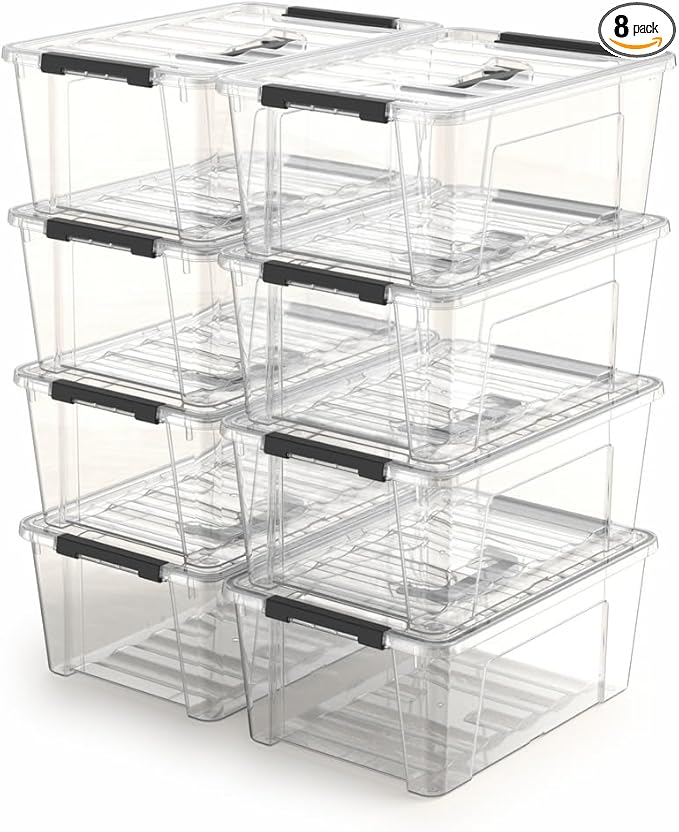 8 Pack 5 Quart Clear Plastic Storage Bins with Latching Lids, Stackable Small Storage Boxes for Closet, Pantry & Office Organization