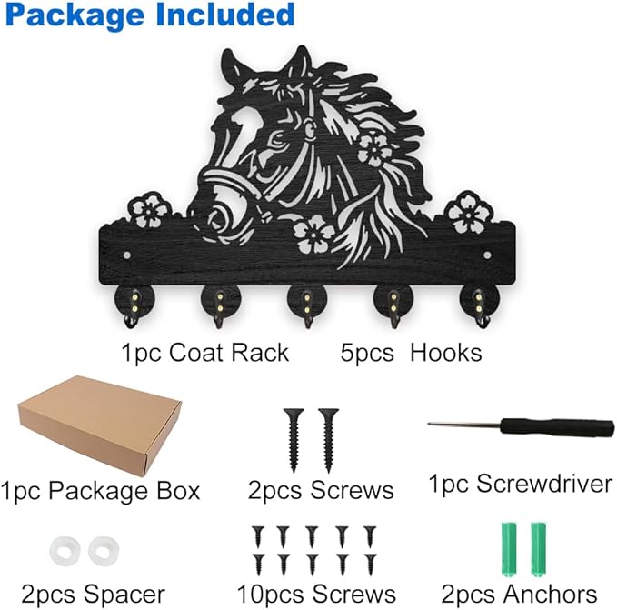 MAYJOYDIY Horse Flower Wood Key Holder for Wall 11.8x7.8inch Farm Animal Key Hooks Hat Organizer Rack with 5 Alloy Hooks for Entryway Front Door Kitchen Office Decor