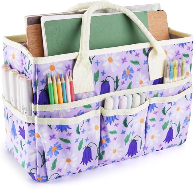 E-WEICHEN Craft Organizer Tote Bag Art Storage Caddy with Multiple Pockets Containers for Art,Craft,and Office Supplies Storage.Purple Campanula