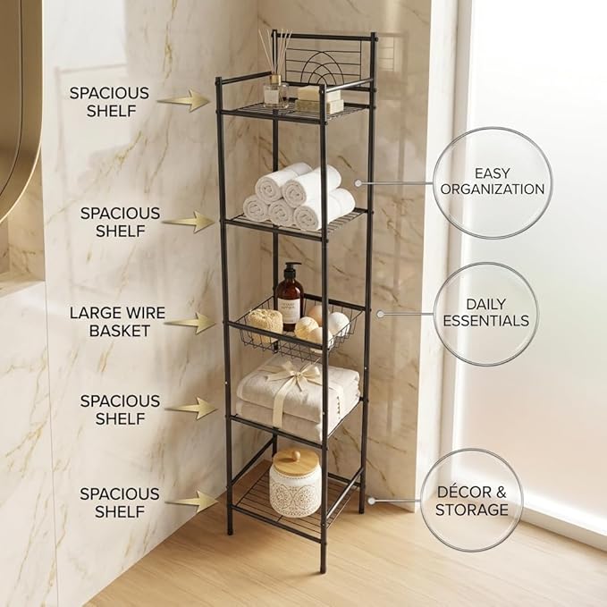 Bath Bliss 5 Tier Freestanding Bathroom Storage Shelf, Black Metal Organizer Rack | Rust Resistant Space Saving Bathroom Stand | Toilet Paper Towel Holder | Bathroom Organizer for Small Spaces