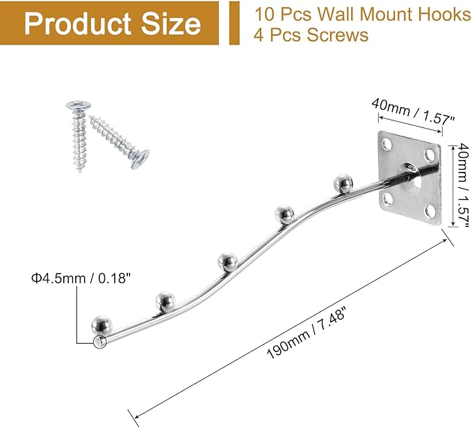 uxcell 10Pcs 8" Wall Mount Waved Waterfall Hanger, 5 Beads Clothing Hangers, Garment Display Hooks with Screws for Clothing Stores, Bedroom, Silver