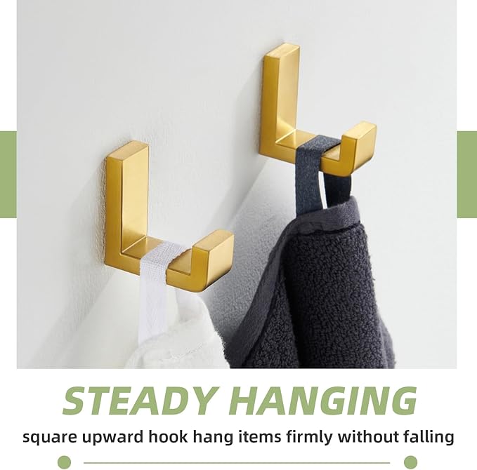 APLusee L Shape Bath Towel Hook 2 Pack, 304 Stainless Steel Coat Holder, Wall Mounted Storage Hanger for Bathroom Kitchen, Brushed Gold