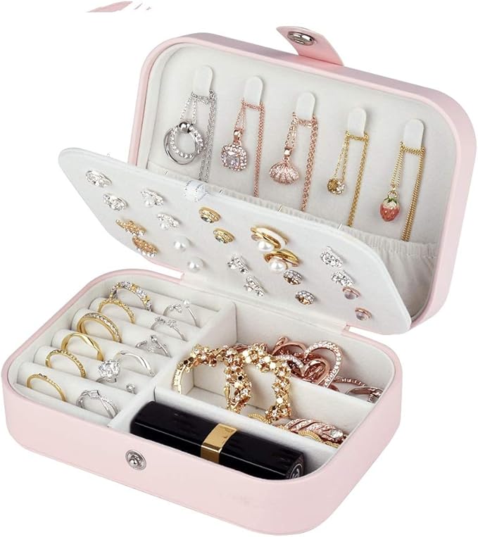 jiemei Jewelry Box, Travel Jewelry Organizer Cases with Doubel Layer for Women’s Necklace Earrings Rings and Travel Accessories(Pink)
