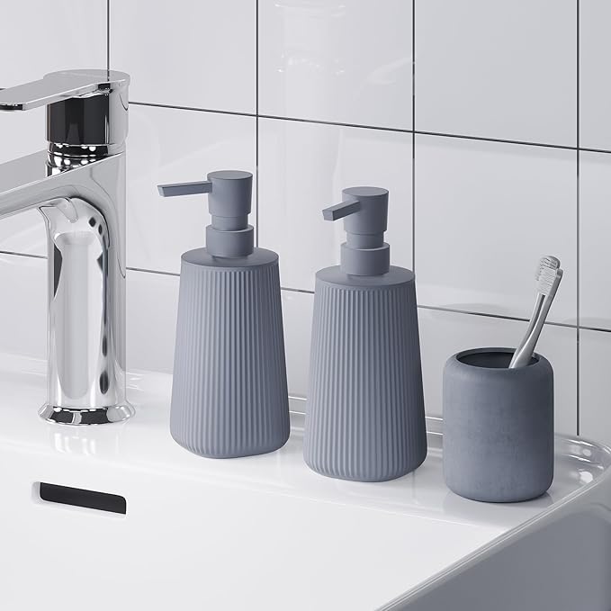 2 Pack Bathroom Soap Dispenser Set, Grey Dish Soap Dispenser for Kitchen, Small Plastic Hand Soap Dispensers 8.5 Oz, Liquid Soap Container Bottle with Pump, Matte Gray