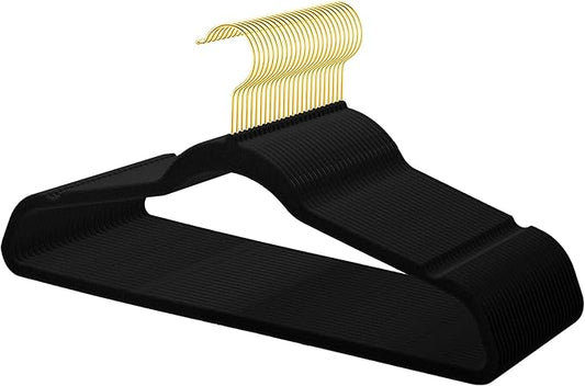 TIMMY 36-Pack Velvet Hangers with Gold Hooks - Space-Saving Non-Slip Heavy-Duty Clothes Hangers for Coats, Suits, Dresses, and Sweaters - Slim Design(Black+Gold)