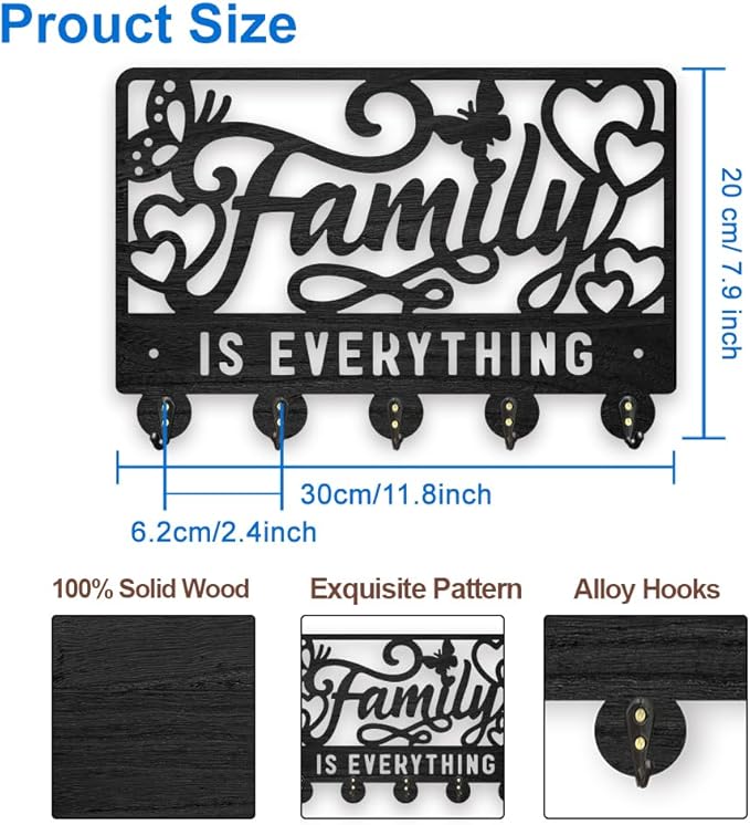 MAYJOYDIY Family is Everything Wood Key Holder for Wall 11.8x7.8inch Butterfly Heart Wall Mounted Key Hooks Coat Hanger Rack with 5 Alloy Hooks for Gift Entryway Front Door Kitchen Office Decor