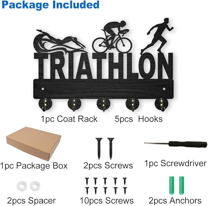MAYJOYDIY Triathlon Coat Hooks Wall Mounted 11.8×8inch Key Holder Hooks Wood Wall Coat Rack 5 Metal Hooks Hook Rack Rail for Art Decor Gift Sports Hat Medals Swimming Goggles Wall Hanger