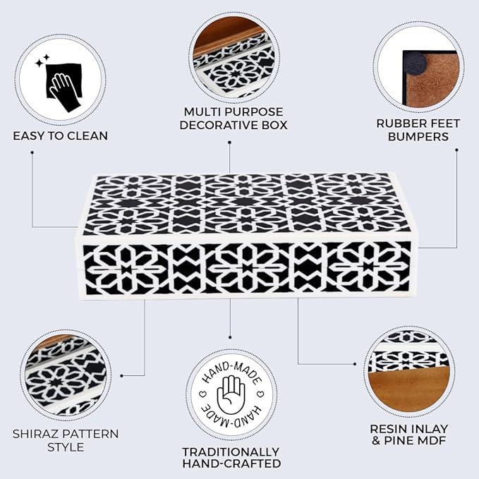 Handicrafts Home Decorative Storage Box with Lid – Black White Islamic Floral Geometry Remote Control Box, Slim Persian Mosaic Storage Box for Shelf, Desk & Living Room Decor – Shiraz 8 x 6 x 1.5