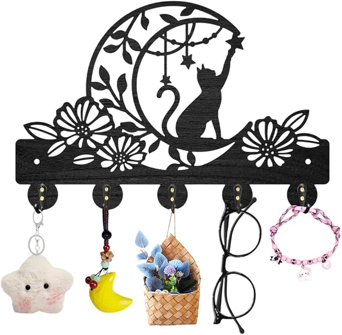 MAYJOYDIY Cat Moon Flower Coat Rack Wall Mounted Wood Animal Moon Star Key Hanger Wall Art Decor 11.8×7.9inch 5 Alloy Hooks Black Key Rack Organizer for Gift Entryway Hallway Kitchen Room