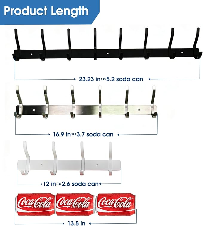 Wall Hooks Heavy Duty, 23 Inch Coat Rack Wall Mount with 8 Hooks, Black Wall Hooks for Entryway, Bathroom - for Hanging Backpack, Bag, Coat, Purse, Hat, Towel, Clothes,2 Packs