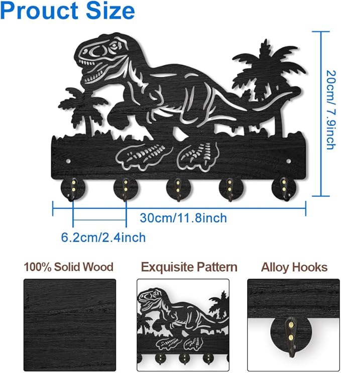 MAYJOYDIY Wood Dinosaur Coconut Tree Coat Rack Ancient Animal Key Holder for Wall 11.8×7.9inch Decorative Tropical Palm Tree Key Hooks 5 Alloy Hooks for Gift, Entryway, Front Door, Hallway, Office
