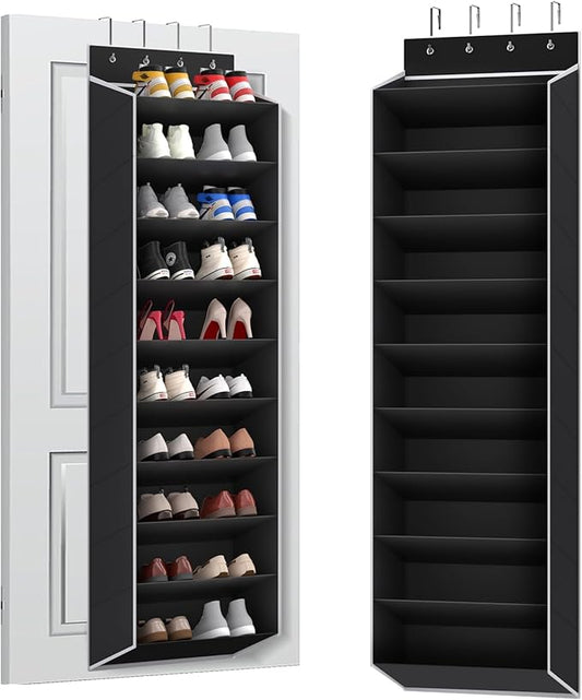 REGELETO 10 Tiers Large Size Over the Door Shoe Organizer Storage, Hanging Shoe Rack for Door with Deep Pockets, Fit 20 Pairs Shoe Organizer Holder for Sneakers and Boots (Black)
