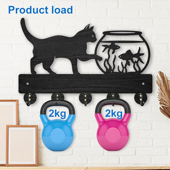 MAYJOYDIY Cat Fish Tank Coat Rack Wall Mount Wood Cat Pet Animal Key Holder for Wall 11.8×7.6inch Cat Goldfish Key Rack 5 Alloy Hooks Wall Hanger Decorative Key Holder for Gift Home Entryway Art Decor
