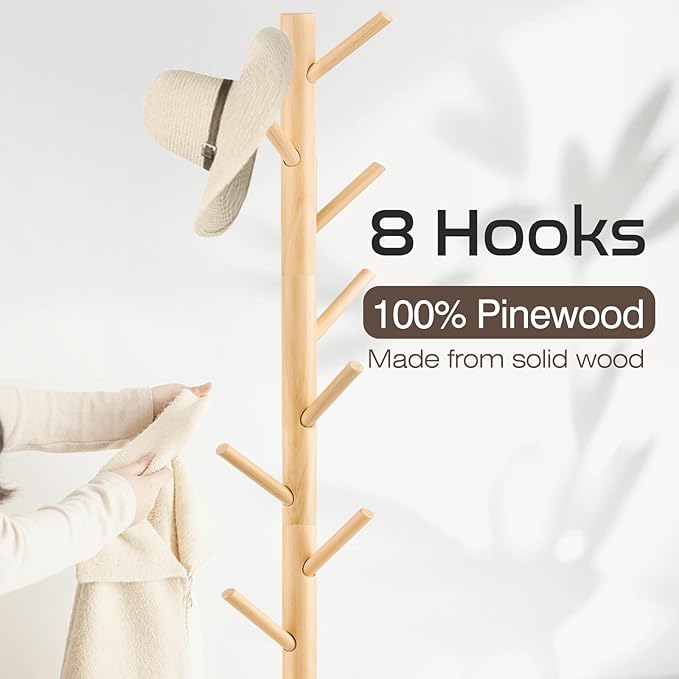 2 PCS Coat Rack, Freestanding Coat Rack with 8 Hooks and 3 Adjustable Size Tree Coat Racks for Bedroom, Hallway, Entrance, Office, for Hats, Coats, Scarves, Handbags