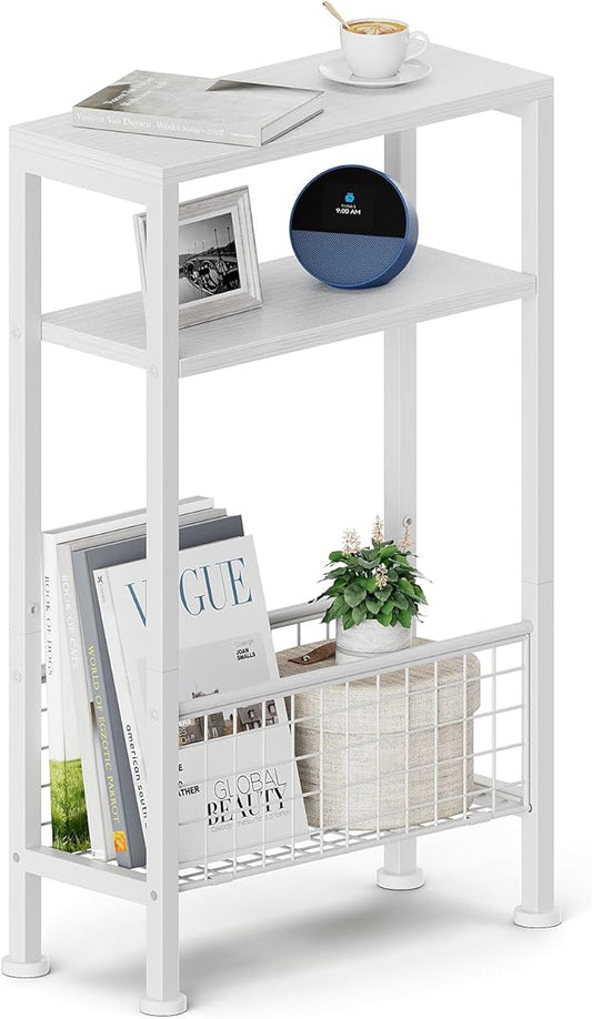 Karii Narrow Side Table, Skinny End Table for Small Spaces with Storage, 3-Tier Slim Wooden Bedside Nightstand Thin Couch Table for Living Room Bedroom Office Dorm Kitchen Bathroom (1, White)