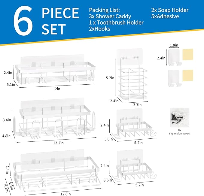 Shower Caddy 18 Pack,Adhesive Organizer for Bathroom Decor Accessories & Kitchen Storage,No Drilling,Large Capacity,Rustproof Stainless Steel Organizer,Home Decor Shelves (White 18 Pack)