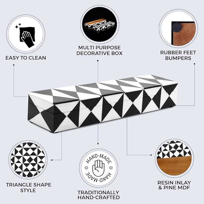 Handicrafts Home Decorative Storage Box with Lid – Black and White Remote Control Box, Slim Coffee Table Storage Box, Decorative Box for Shelf, Desk & Living Room Decor – Trianlge 10 x 2.5 x 1.5