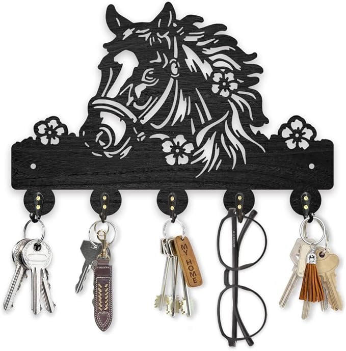 MAYJOYDIY Horse Flower Wood Key Holder for Wall 11.8x7.8inch Farm Animal Key Hooks Hat Organizer Rack with 5 Alloy Hooks for Entryway Front Door Kitchen Office Decor