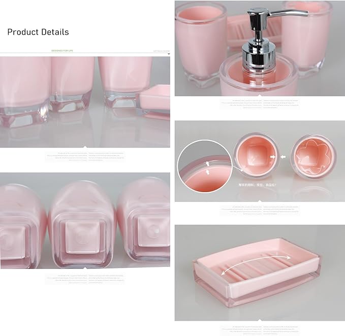 Bathroom Accessories Set of Acrylic Plastic soap Dispenser, Toothbrush Holder, Toothbrush Cup, soap Dish, Pink Bathroom Accessories 4pcs Set (Pink)