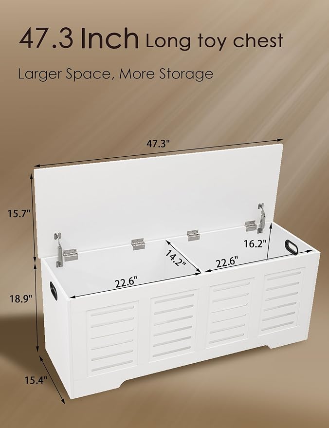 DINZI LVJ Storage Chest, 47.3â Wooden Toy Box with 2 Safety Hinges, Retro Entryway Shoe Storage Bench with Flip-Top, Sturdy Large Storage Trunk for Living Room, Bedroom, Easy Assembly, White