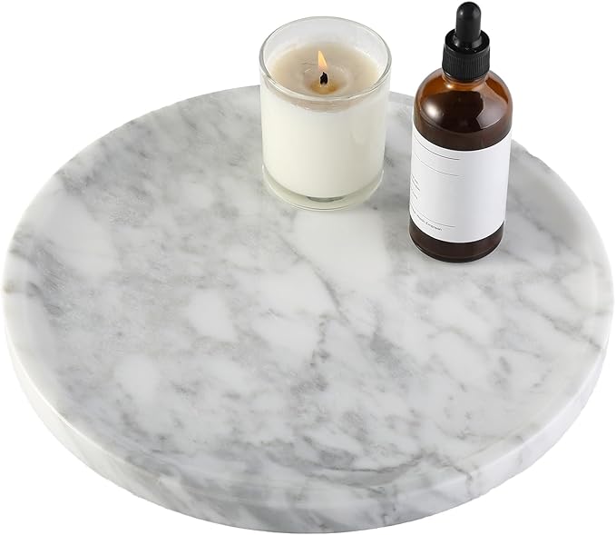 Natural Marble Decorative Tray for Bathroom Bedroom Kitchen Dresser, 11â Round Vanity Trays for Jewelry, Perfume, Cosmetic, Candle, Countertop Storage Organizer for Home Decor White, Arabescato