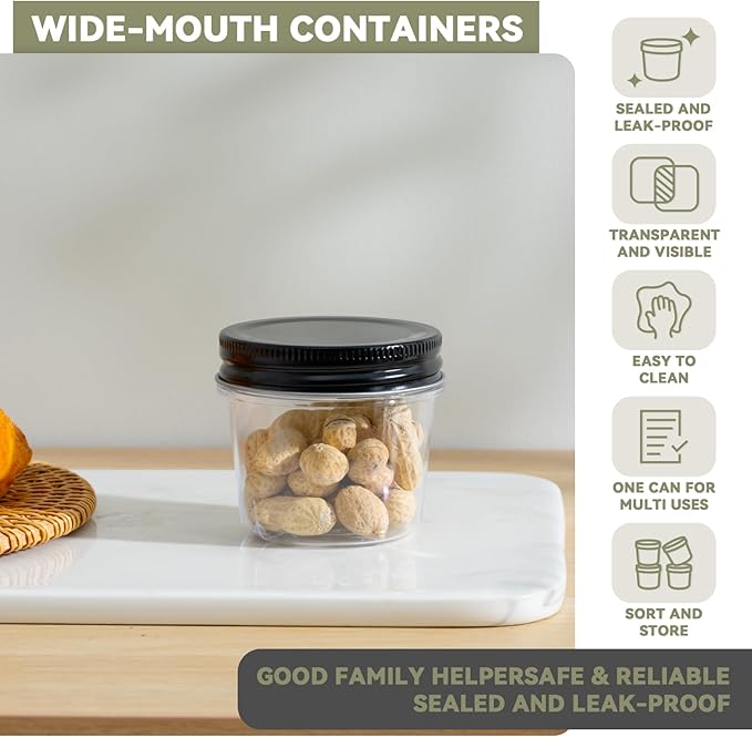 novelinks 4 oz Small Plastic Jars with Lids, 20 Pack Mini Plastic Mason Jars with Lids 4oz, Craft Storage Containers & Canning Jars & Small Spice Jars for Kitchen Organization (20 Pack,Black)