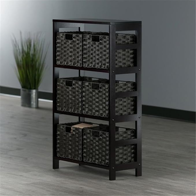 Winsome Leo 3-Tier Wide Storage Shelf with 6 Foldable Woven Baskets, for Living Room, Home Office, Bedroom, Espresso