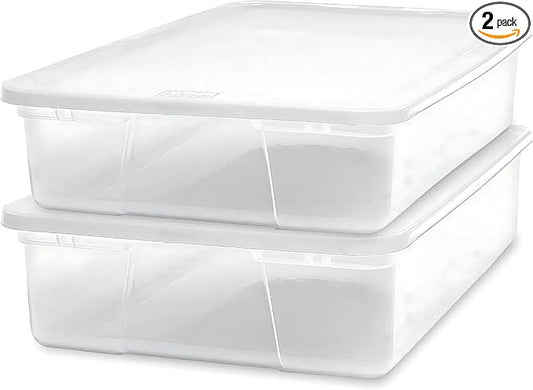 HOMZ 2-Pack Snaplock, Small Clear Plastic Storage Organizer Bins w/ Lids, 28 Quart, White - Stackable Container Boxes for Bedroom, Bathroom, Garage, and Office Organization