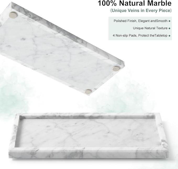 Natural Small Marble Vanity Tray, Luxury Stone Organizer for Bathroom & Kitchen | Holds Soap Dispenser, Jewelry, Perfume | Non-Resin, Non-Ceramic Décor (White, M (11.8" x 5.1" x 0.78"))