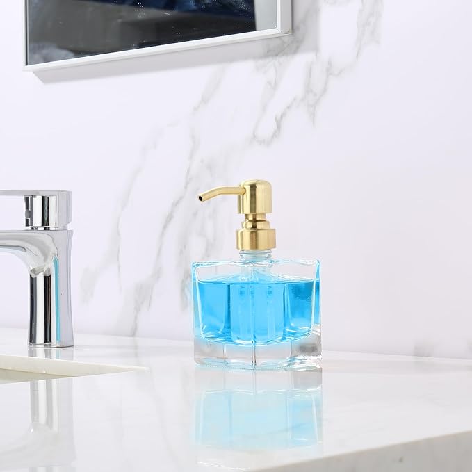 Square Bathroom Soap Dispenser Brushed Gold, Glass Bottles with Stainless Steel Pump 8.4 OZ Cube Liquid Soap Dispenser Hand Kitchen