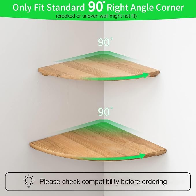 Corner Shelf, 12inch Solid Oak Wood Floating Corner Shelves Wall Mount Round End Floating Speaker Shelf with Wire Hole for Small Plant Photo Frame for Bedroom Kitchen, Living Room