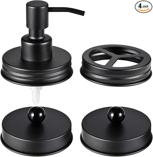 Mason Jar Bathroom Accessories Lids Set(4pcs) - Jars Not Included - Soap Dispenser,Toothbrush Holder, Apothecary Jars Lids for Regular Mouth Mason Jars - Rustproof Stainless Steel，Black