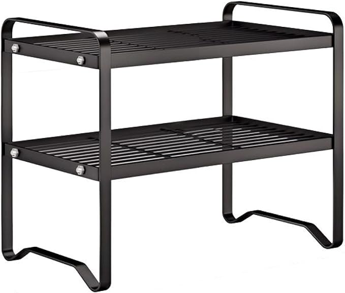 Metal Wire Cabinet Shelf - Multi-Functional Shelf Saver for Kitchen, Pantry, Countertop & Under Cabinet - Storage Solution for Spice Holder, Bookshelf & Cup Display Stand (Black, 2-Tier 12" L)