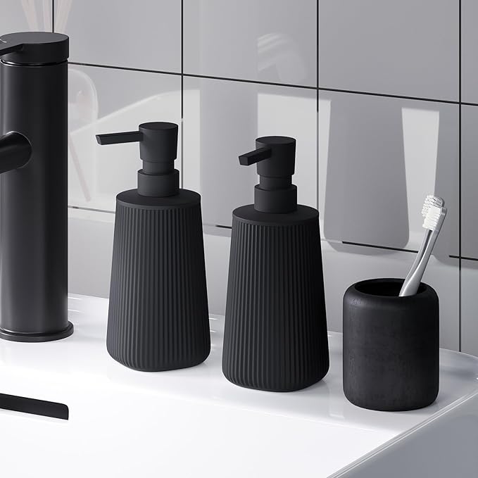 2Pcs Hand Soap Dispenser Bathroom, Small Dish Soap Dispenser for Kitchen, Black Bathroom Dispenser Set with Pump, Modern Soap and Lotion Dispenser Set of 2, Matte Black