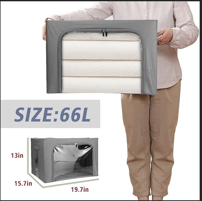 Stackable Clothes Storage Box for Clothing Gadgets,Steel Frame Storage Bins for Toys Gift,Foldable Oxford Fabric Closet Organizer Bag Set with Carry Handles Clear Window (Large- 66L x3 Pack, Grey)