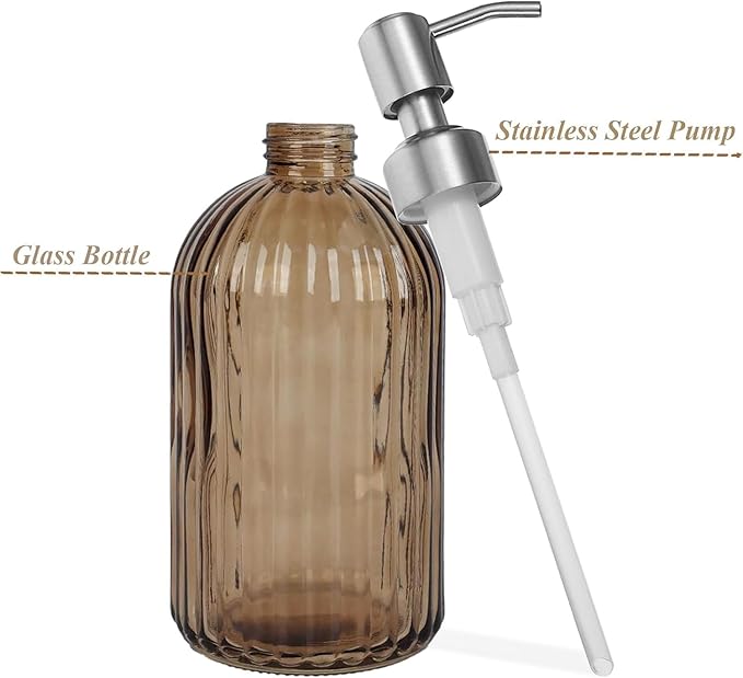 14Oz Brown Soap Dispenser Bathroom - 2 Pack, Clear Glass Hand Soap Dispensers with Stainless Steel Pump, Refillable Dish Soap Dispenser for Kitchen, Countertop Soap Dispensers
