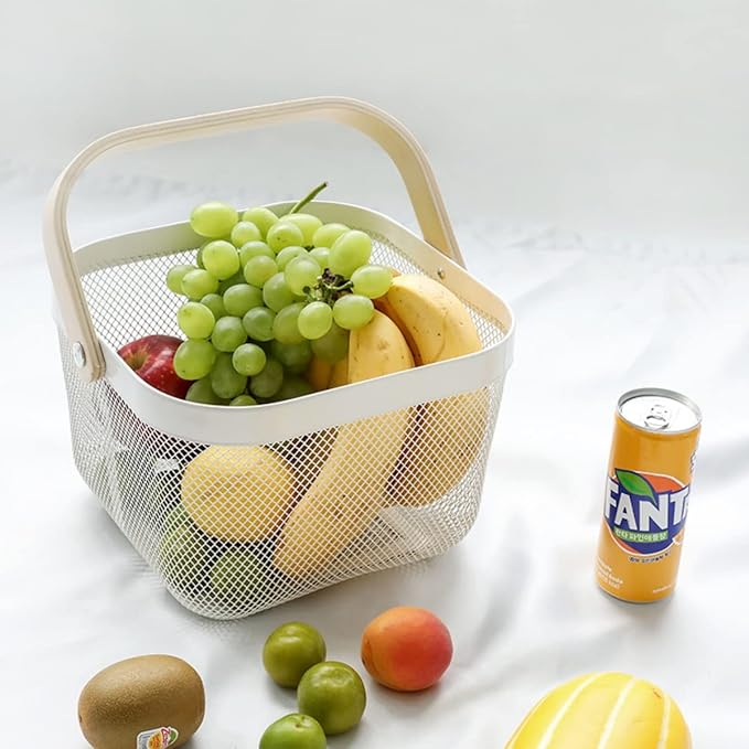 Mesh Steel Storage Organizer Basket Fruit Basket Bin with Wood Handle Ideal for Kitchen Bathroom Picnic Baskets Pantry Cabinets Storage Home Decor (White)