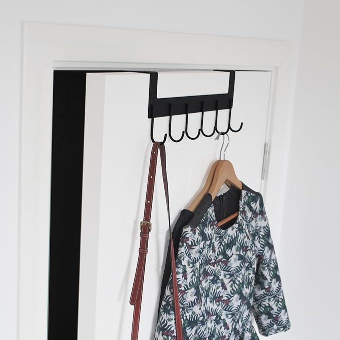 Over The Door Hooks, Over The Door Hanger, Heavy Duty Metal Over The Door Towel Rack, Door Hooks for Hanging Coat, Towel, Bag, Robe - 6 Hooks(Matte Black 2Pcs)