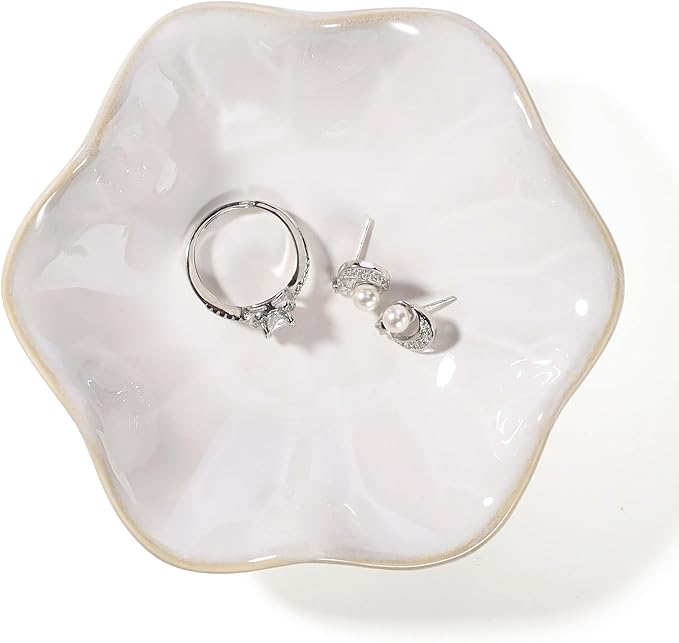 White Lotus Leaf Shape Ring Jewelry Dish Holder,Small Trinket Jewelry Tray,Decorative Jewelry Plate Bowl,Key Bowl,Birthday Engegament Gifts for Women Friends,Ceramic