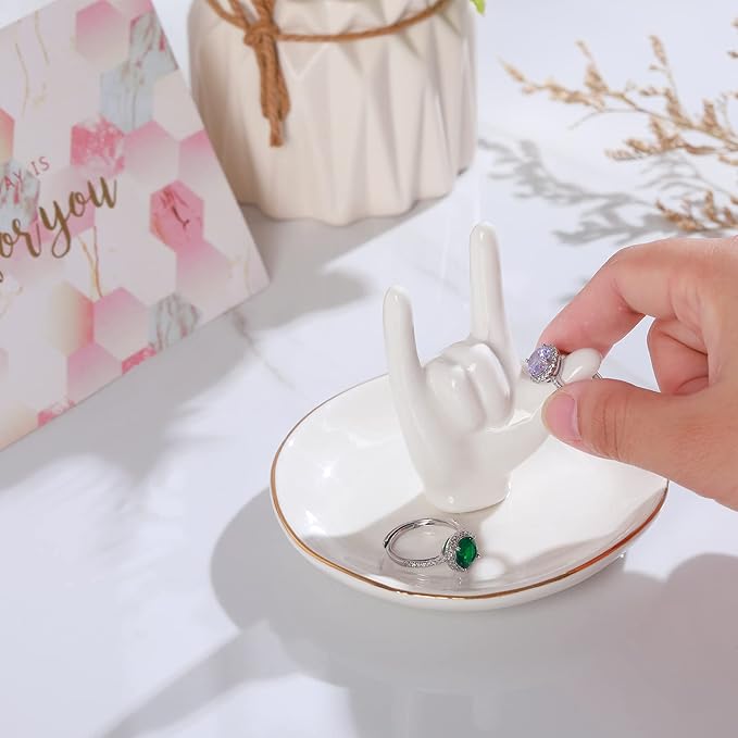 PUDDING CABIN Ring Holder - I Love You Hand, Ceramic Jewelry Dish, Valentine's Day, Wedding, Birthday, Mothers Day Gifts for Women