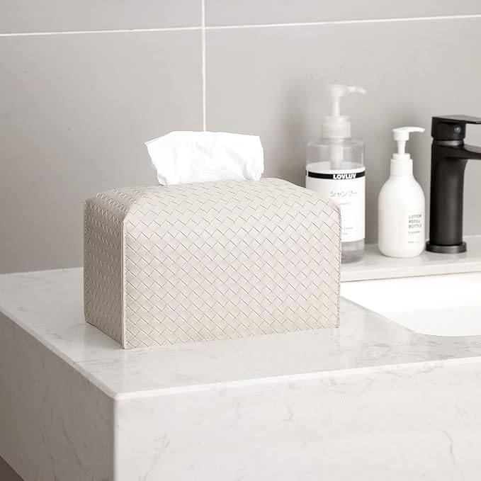 Tissue Box Cover PU Leather Tissue Holder Square Facial Tissue Case Facial Paper Organizer Dispenser for Bathroom, Vanity Countertop, Tabletop, Car, Rectangle, Griege