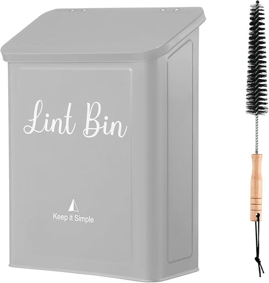 SUBEKYU Metal Magnetic Lint Bin for Laundry Room, Wall Mounted Lint Box Holder with Lid for Dryer,Light Grey